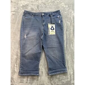 New D. Jeans Jean Women Plus Sz 16 Blue High Waist Capri Whiskered Faded Stretch